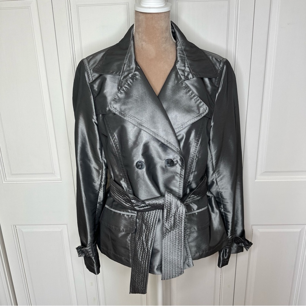 Women's Double Breasted Trench Coat Size 12 Silver Gray Jacket Faux Pockets Belt